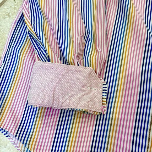 Bugatchi Uomo Men’s Dress Shirt Pink Blue Yellow Stripe Classic Fit Button Up XL - Picture 9 of 15